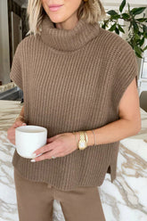 Slit Turtleneck Cap Sleeve Sweater Taupe OutfitFlow