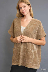 Umgee Open Front Knit Cardigan with Front Pockets MOCHA OutfitFlow