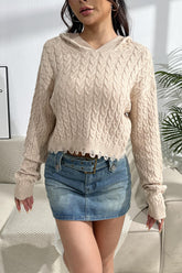 Cable-Knit Dropped Shoulder Hooded Sweater Sand OutfitFlow