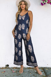 Printed V-Neck Sleeveless Jumpsuit Dark Blue OutfitFlow