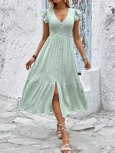 V-Neck Ruffled Cap Sleeve Dress Light Green OutfitFlow