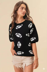 BiBi Football Pattern Short Sleeve Sweater BLACK IVORY OutfitFlow