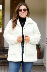 Plus Size Collared Neck Button Down Fuzzy Outerwear White OutfitFlow