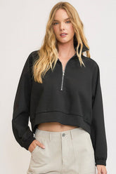 Umgee Full Size Half Zip Cropped Sweatshirt Plus Size Black OutfitFlow