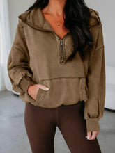 Half Zip Kangaroo Pocket Mineral Wash Baggy Hoodie Coffee Brown OutfitFlow