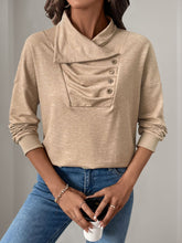 Perfee Asymmetric Mock Neck Long Sleeve Sweatshirt Tan OutfitFlow