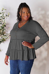 Double Take Half Button Long Sleeve Ruffle Hem Blouse Dark Gray OutfitFlow