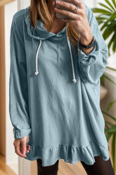 Drawstring Ruffled Dropped Shoulder Long Sleeve Hoodie Air Force Blue OutfitFlow