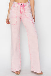 RISEN Full Size High Rise Wide Leg Cargo Pocket Jeans Acid Pink OutfitFlow