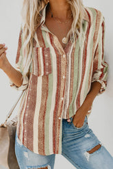 Striped Collared Neck Long Sleeve Shirt Brown OutfitFlow