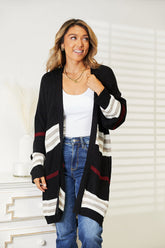 Perfee Striped Rib-Knit Drop Shoulder Open Front Cardigan Black OutfitFlow