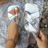 Crisscross Open Toe Flat Sandals Silver OutfitFlow