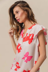 BiBi Bow Printed Woven Ruffled Sleeves V Neck Top IVO RED FUCHSIA OutfitFlow