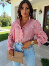 Button Up Flounce Sleeve Shirt Burnt Coral OutfitFlow