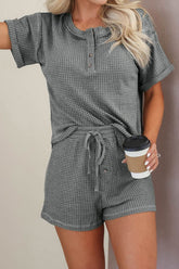 Waffle-Knit Short Sleeve Top and Shorts Lounge Set Dark Gray OutfitFlow