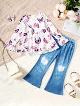 Children's Butterfly Print Top and Flare Pants Set White OutfitFlow