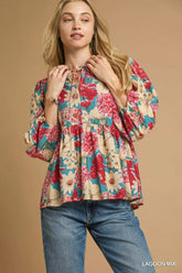 Umgee Mix Floral Peplum Blouse with Tie Neck LAGOON MIX OutfitFlow