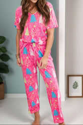 Printed V-Neck Short Sleeve Top and Pants Lounge Set Hot Pink OutfitFlow