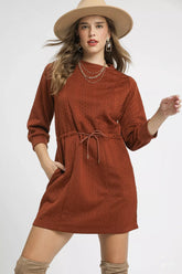 Umgee Drawstring Cable Knit Mini Dress with Pockets Rust OutfitFlow