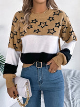 Star Contrast Round Neck Sweater Camel OutfitFlow