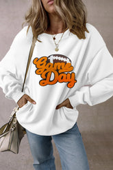 GAME DAY Football Round Neck Long Sleeve Sweatshirt White OutfitFlow