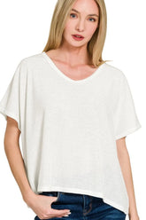 Zenana Ribbed V-Neck Short-Sleeve Knit Top OFF WHITE OutfitFlow