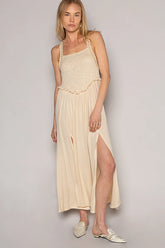 POL Frill Slit Square Neck Cami Dress Cream OutfitFlow