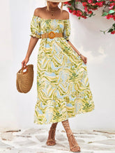 Smocked Printed Puff Sleeve Midi Dress Yellow Green OutfitFlow