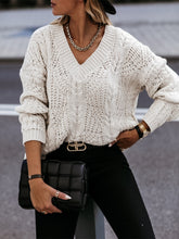 V-Neck Cable-Knit Long Sleeve Sweater Ivory OutfitFlow