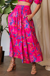 Davi & Dani Printed Smocking Waistband Ruffled Maxi Skirt CANDY PINK OutfitFlow