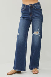 RISEN Full Size High Rise Distressed Wide Leg Jeans Dark OutfitFlow