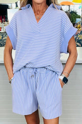 Casual Striped Short Sleeve Top and Shorts Two-Piece Set Light Blue OutfitFlow