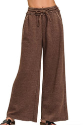 Zenana Acid Wash Fleece Palazzo Sweatpants with Pockets MAHOGANY OutfitFlow