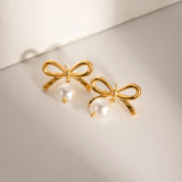 Stainless Steel Bow Pearl Earrings Gold One Size OutfitFlow