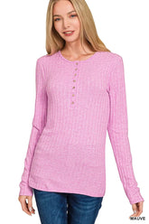 Zenana Ribbed Long Sleeve Half Button Top MAUVE OutfitFlow