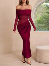 Off-Shoulder Long Sleeve Ruched Bodycon Maxi Dress Burgundy OutfitFlow
