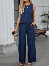 Round Neck Tank and Pants Denim Set Dark Blue OutfitFlow