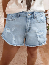High Rise Distressed Raw Hem Denim Shorts Beau Blue OutfitFlow