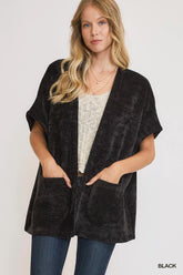 Umgee Open Front Knit Cardigan with Front Pockets Black OutfitFlow