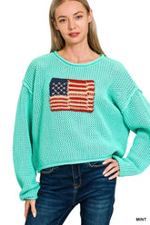 Zenana American Flag Crew Neck Sweater MINT Trendsi