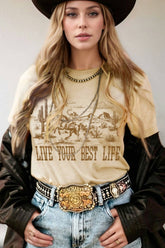 LIVE YOUR BEST LIFE Western Graphic Short Sleeve T-Shirt Beige OutfitFlow