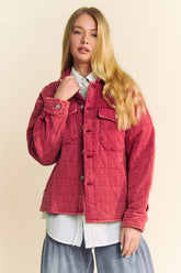 Davi & Dani Quilted Button Down Shacket with Chest Pockets Brick OutfitFlow