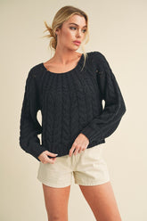 Aemi + Co Cable-Knit Openwork Round Neck Sweater Black OutfitFlow
