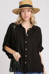 Umgee Full Size Linen Blend Button Down Shirt Plus Size Black OutfitFlow
