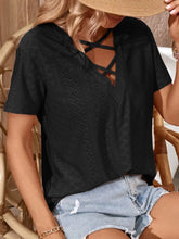 Eyelet Crisscross Short Sleeve T-Shirt Black OutfitFlow