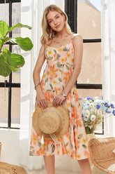 ADORA Smocked Back Floral Adjustable Strap Midi Dress Tangerine OutfitFlow