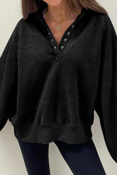 Half Snap Long Sleeve Sweatshirt Black OutfitFlow