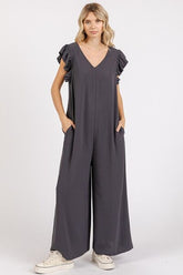Mittoshop V-Neck Ruffled Cap Sleeve Wide Leg Jumpsuit Charcoal OutfitFlow