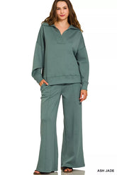 Zenana Scuba Collared Pullover and Pants Set ASH JADE OutfitFlow