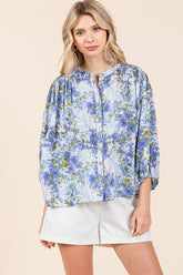 Mittoshop Flower Print Batwing Sleeve Button Down Blouse Blue OutfitFlow